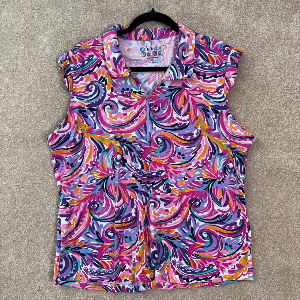 IBKUL Polo Shirt Womens XXL Paisley Sleeveless Golf Top UPF 50+ Sun Protection